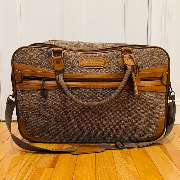 Vintage Pierre Cardin Paris Leather Tweed Luggage Travel Weekender Bag 22 inche - Picture 6 of 16
